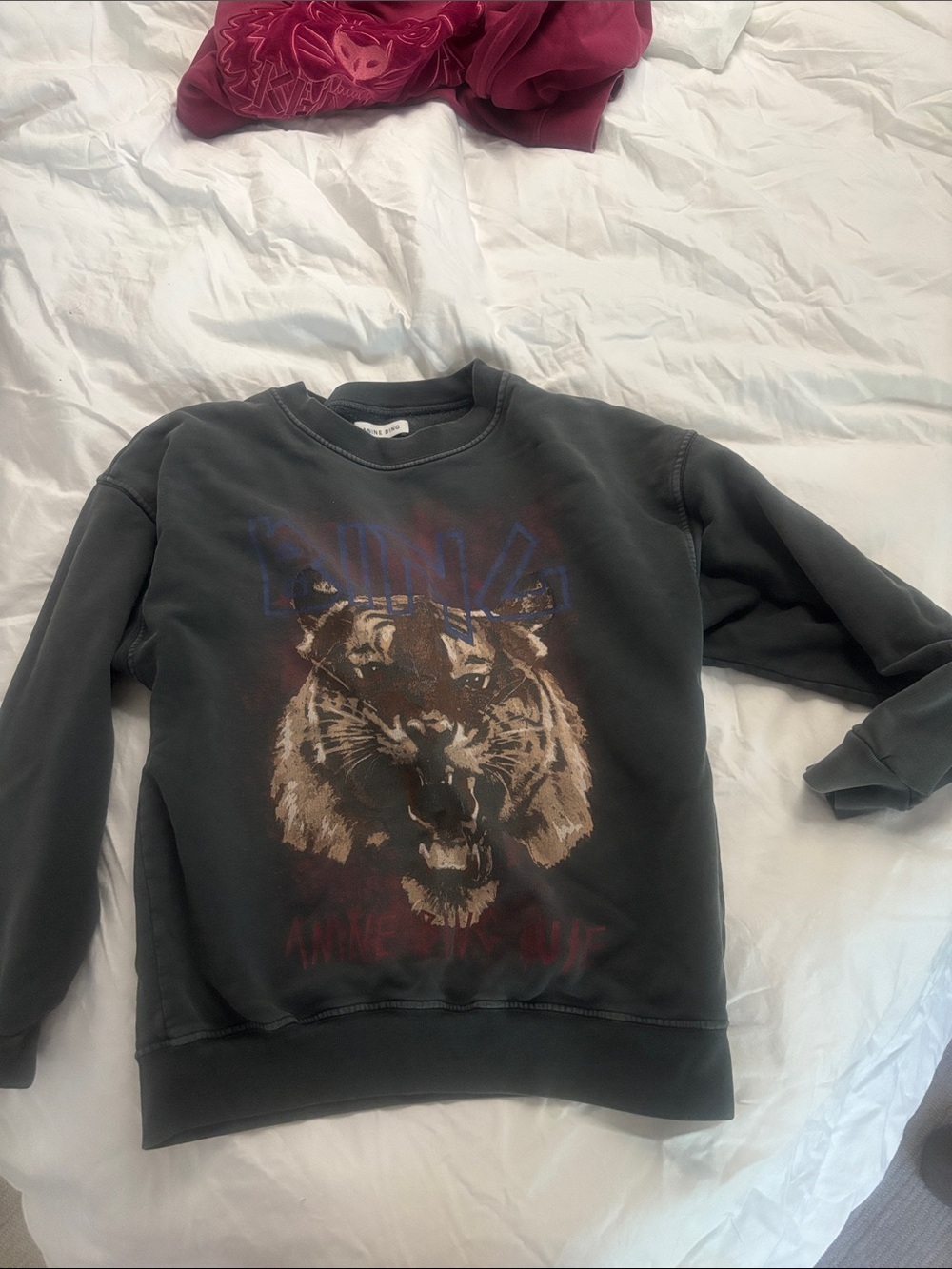 Anine Bing Charcoal Crewneck Sweater with Tiger Graphic